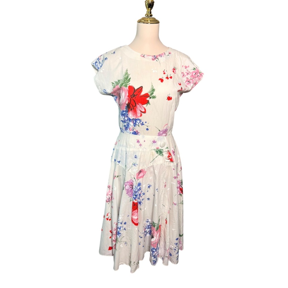Vintage 80s Handmade Floral 40s Style Fit Flare Dress Cap Sleeve Sze Small Retro